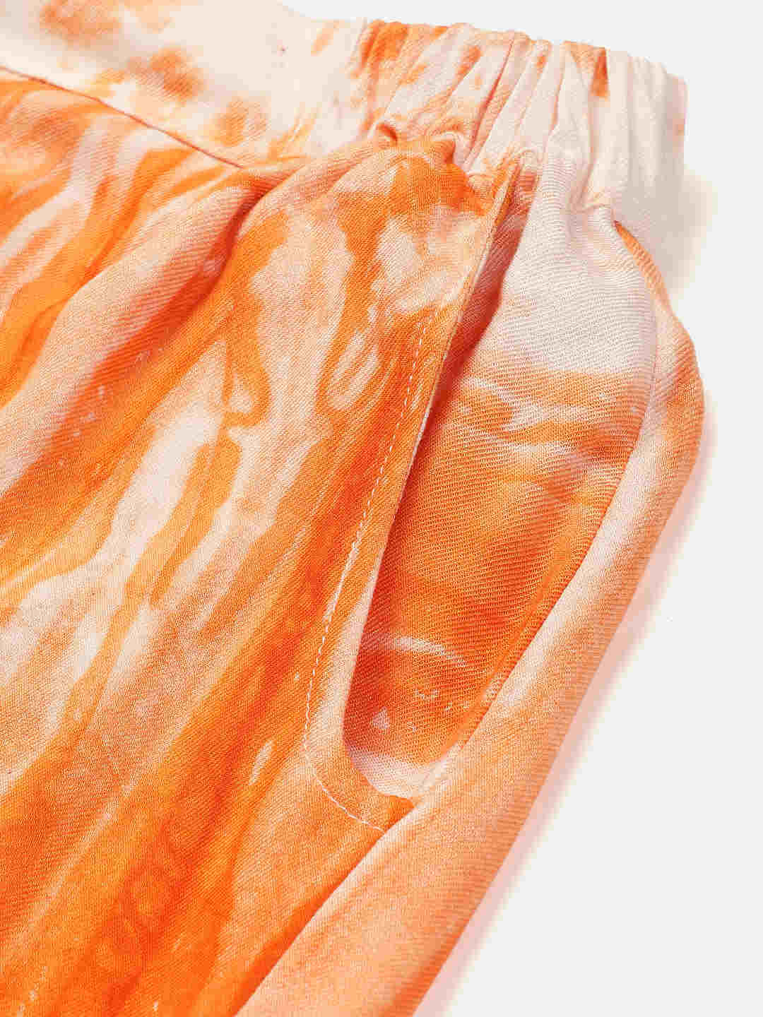 Sustainable Orange Collared Crop Top & Trouser Pashmina Rayon Designer Tie Dye Co-ord Set