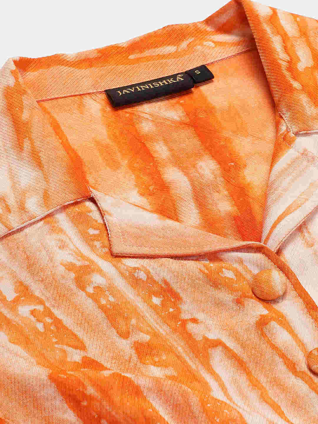 Sustainable Orange Collared Crop Top & Trouser Pashmina Rayon Designer Tie Dye Co-ord Set