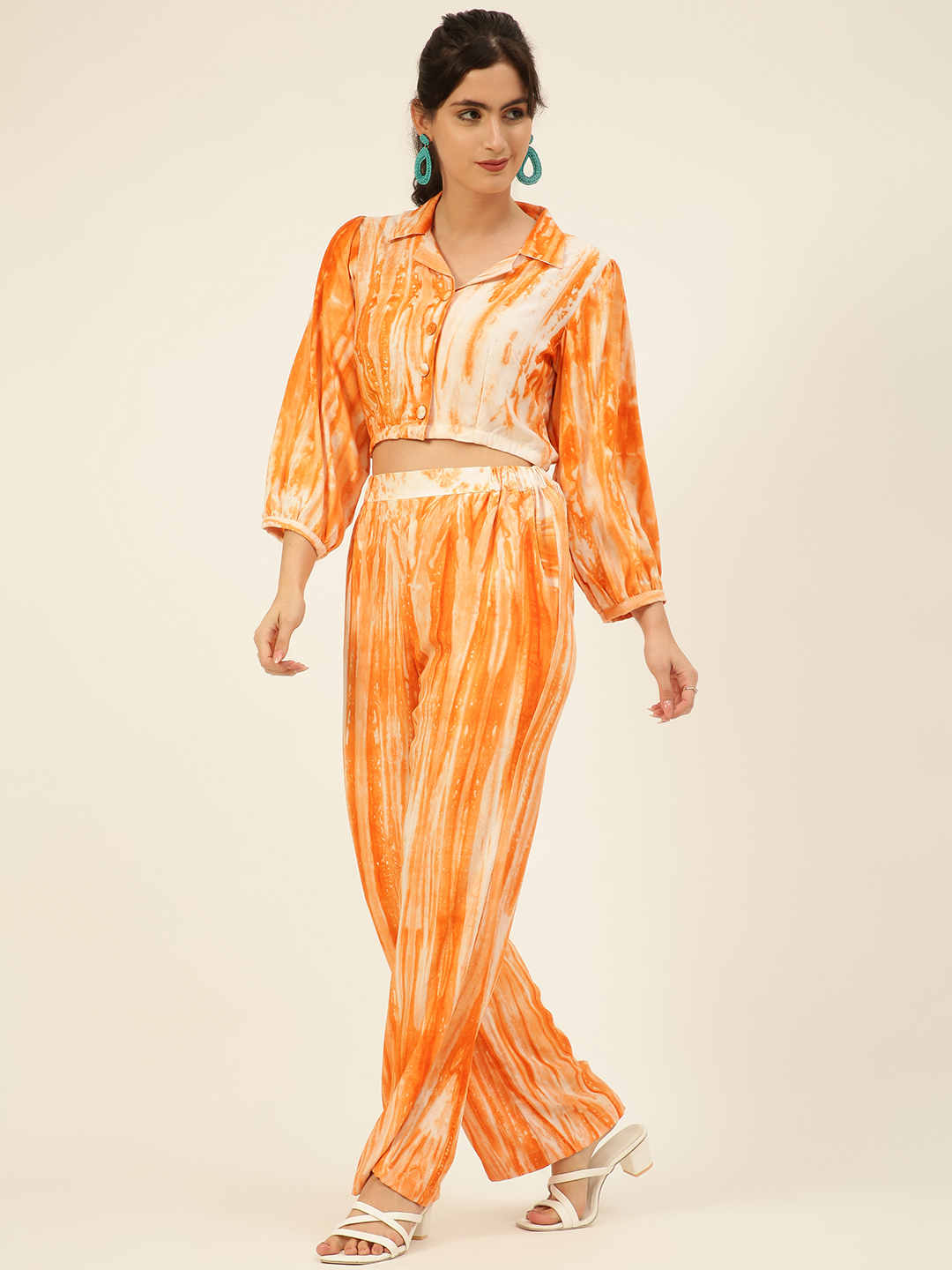 Sustainable Orange Collared Crop Top & Trouser Pashmina Rayon Designer Tie Dye Co-ord Set
