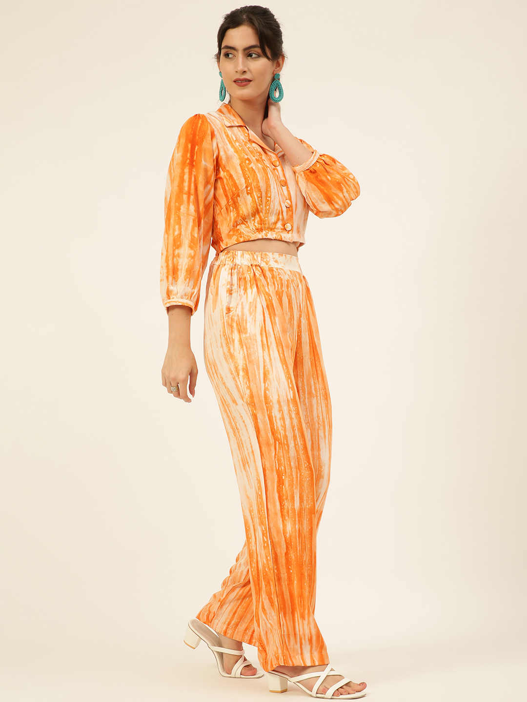 Sustainable Orange Collared Crop Top & Trouser Pashmina Rayon Designer Tie Dye Co-ord Set