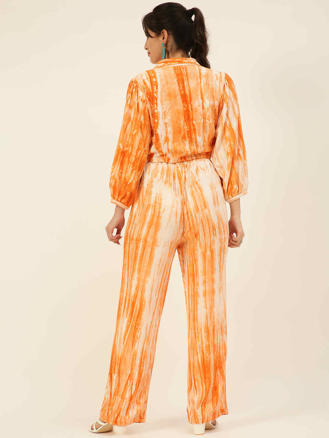 Sustainable Orange Collared Crop Top & Trouser Pashmina Rayon Designer Tie Dye Co-ord Set
