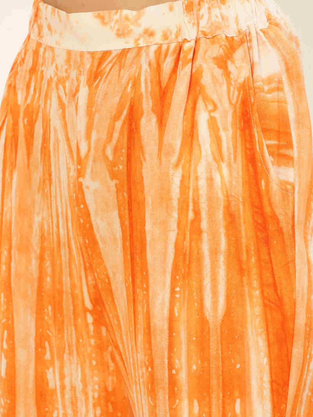 Sustainable Orange Collared Crop Top & Trouser Pashmina Rayon Designer Tie Dye Co-ord Set
