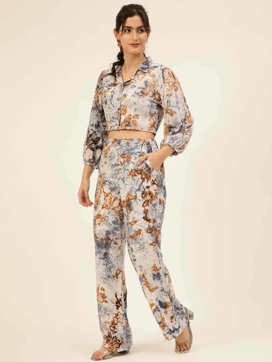 Sustainable Brown Collared Crop Top & Trouser Pashmina Rayon Designer Tie Dye Co-ord Set