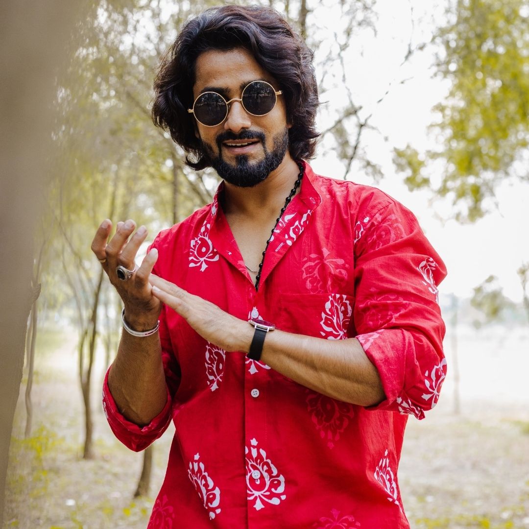 Red Leaves Hand Block Printed Slim Fit Shirt