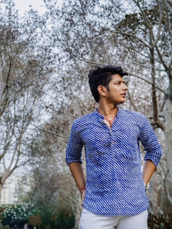 Royal Blue Lehriya Handblock Printed Short Kurta