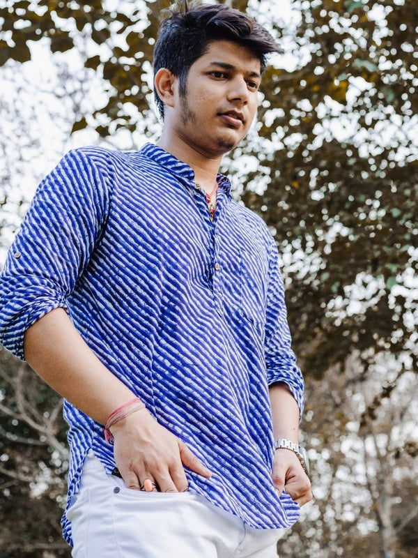 Royal Blue Lehriya Handblock Printed Short Kurta