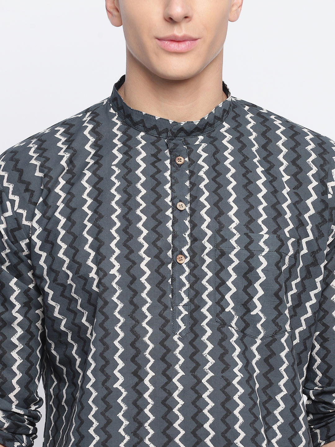 Grey Zig-zag Handblock Printed Short Kurta