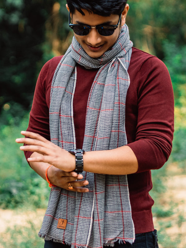 Grey with Maroon Checkered Yarn-Dyed Lambswool Unisex Woollen Scarf