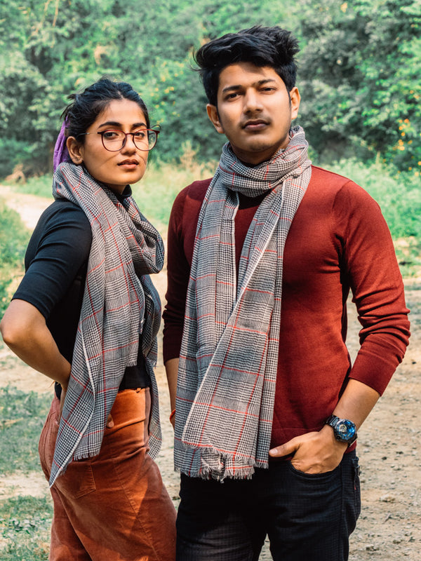 Grey with Maroon Checkered Yarn-Dyed Stylish Winter Muffler For Men | Neck Scarf for Men
