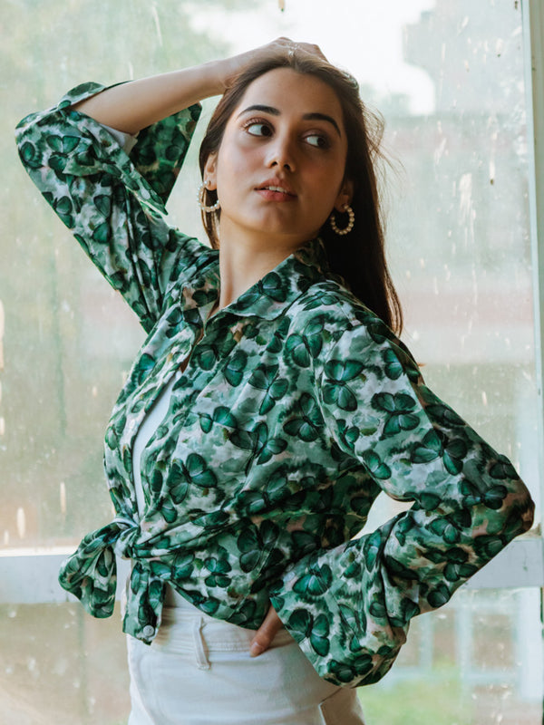 Green Butterfy Print Quirky Slim Fit Unisex Shirt