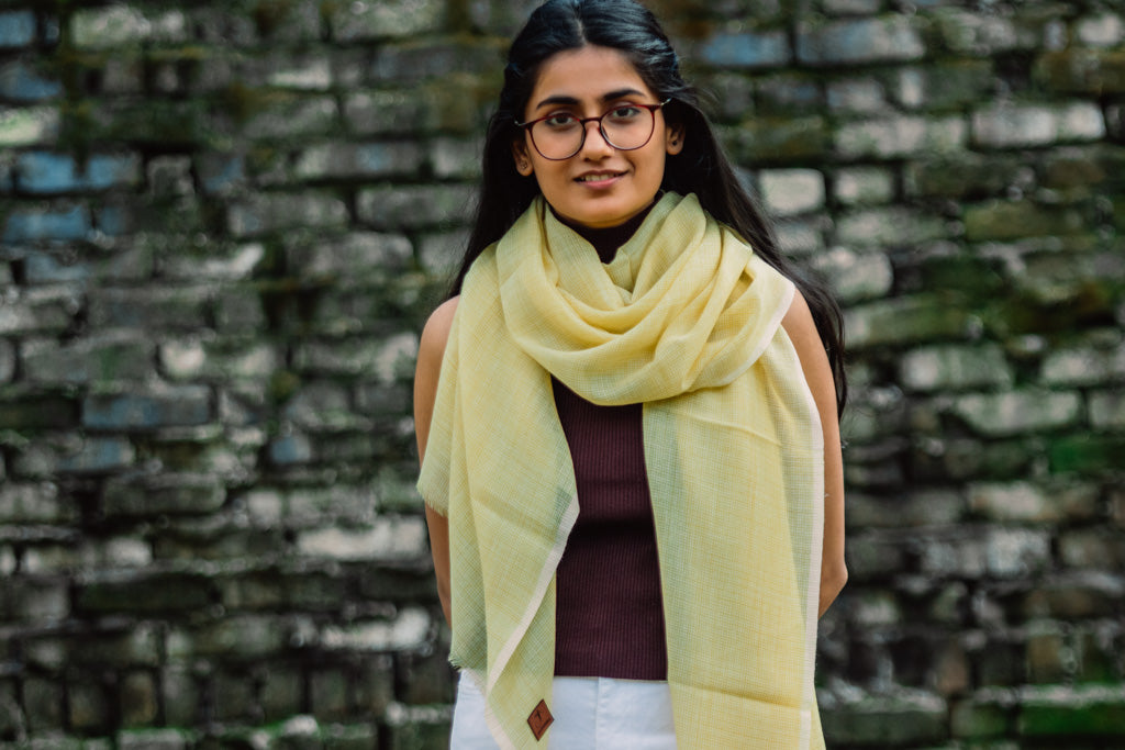Lemon Yellow Checkered Yarn-Dyed Lambswool Unisex Woollen Scarf