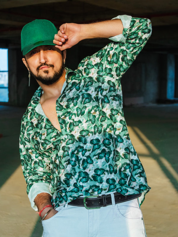 Green Butterfy Print Quirky Slim Fit Unisex Shirt