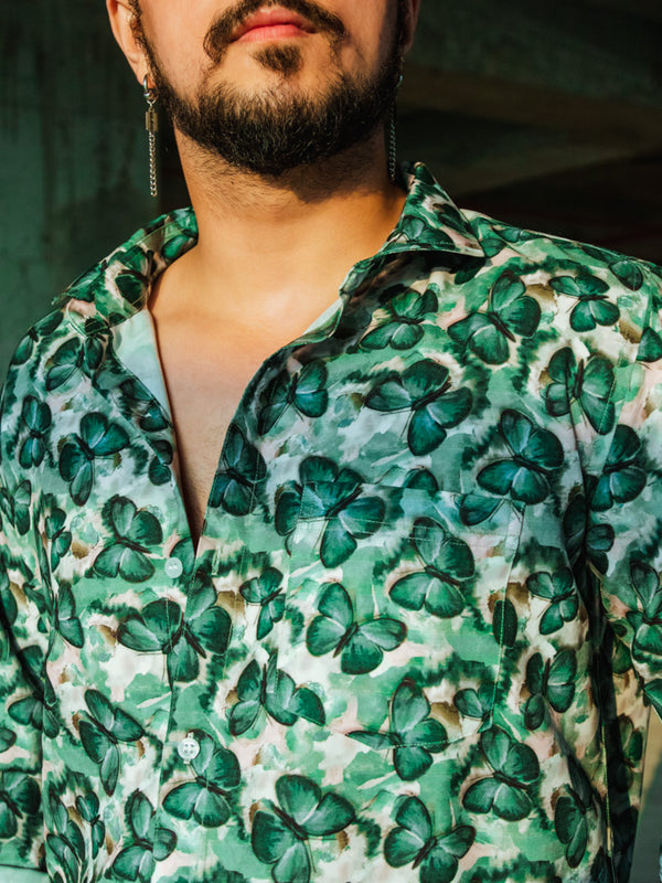 Green Butterfy Print Quirky Slim Fit Unisex Shirt