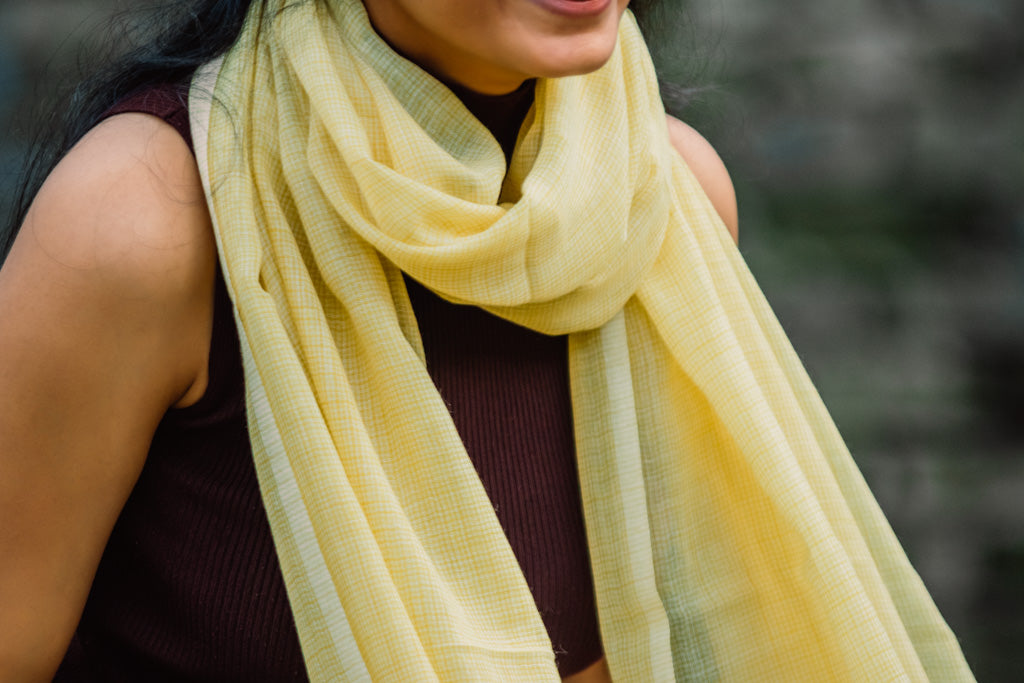 Lemon Yellow Checkered Yarn-Dyed Lambswool Unisex Woollen Scarf