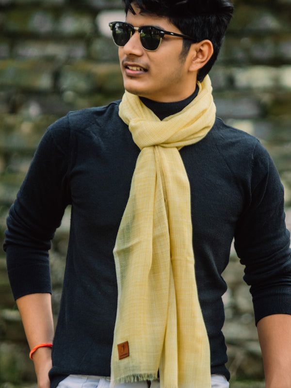 Lemon Yellow Checkered Yarn-Dyed Lambswool Unisex Woollen Scarf