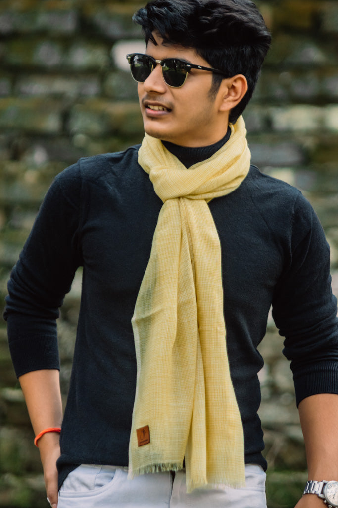 Lemon Yellow Checkered Yarn-Dyed Lambswool Unisex Woollen Scarf