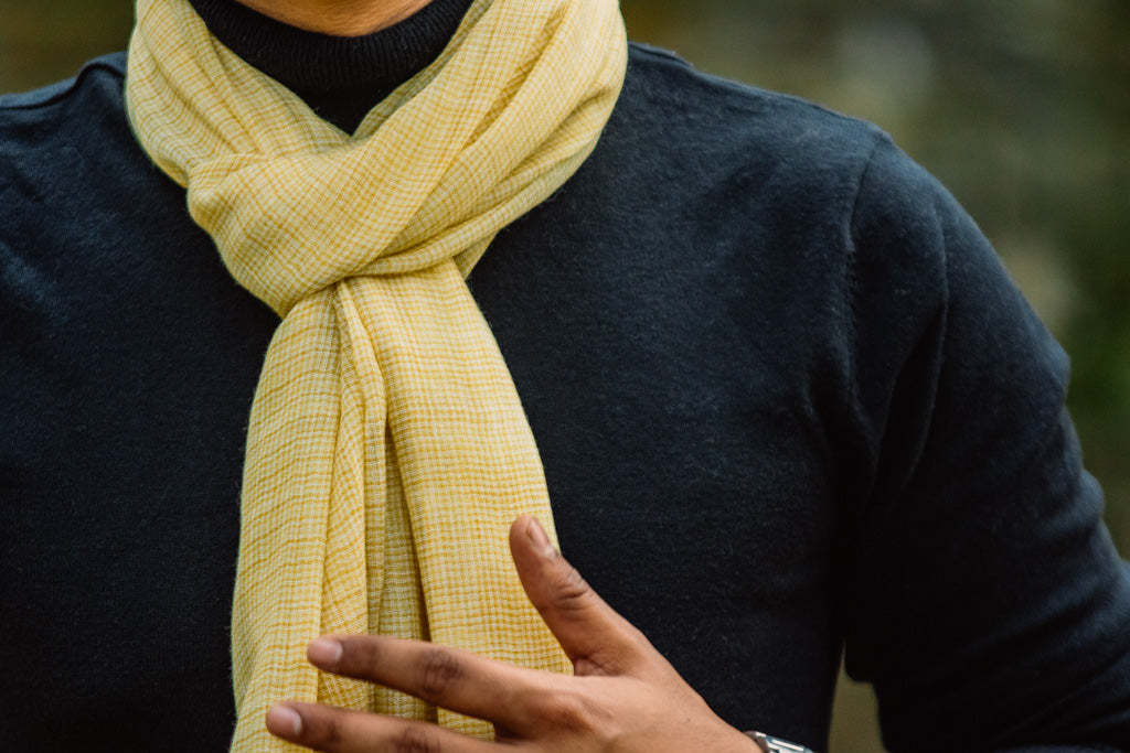 Lemon Yellow Checkered Yarn-Dyed Lambswool Unisex Woollen Scarf