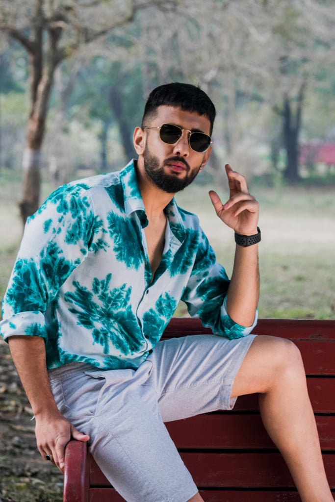 Teal and White Slim Fit Premium Tie Dye Unisex Shirt S-38