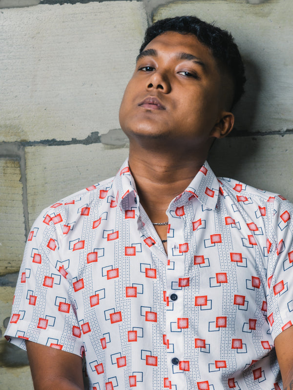 White Abstract Squares Premium Rayon Slim Fit Shirt