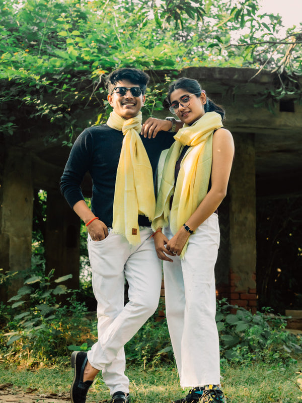 Lemon Yellow Checkered Yarn-Dyed Lambswool Unisex Woollen Scarf