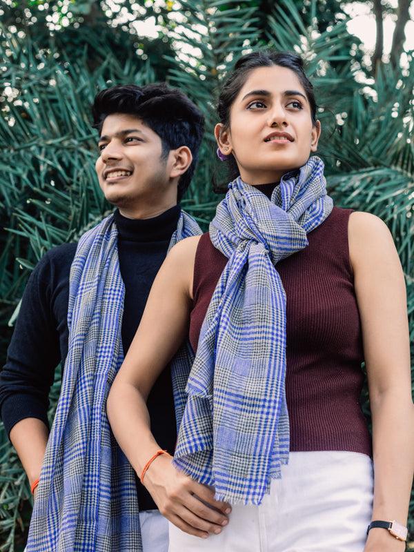 Blue with Grey Checkered Yarn-Dyed Lambswool Unisex Woollen Scarf