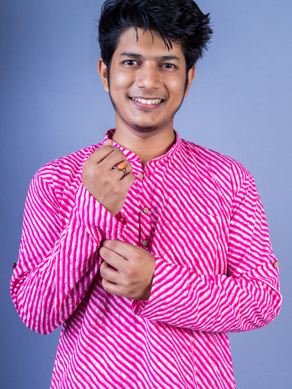 Pink Lehriya Handblock Printed Short Kurta