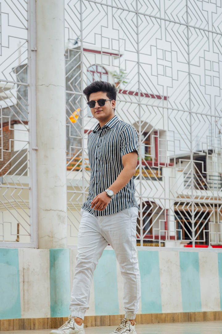 Blue White & Black Striped Hand Block Printed Slim Fit Shirt