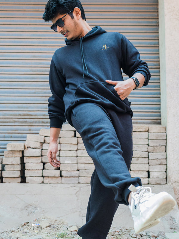 Black Pure Cotton Warm Unisex Hoodie Jogger Co-ord Set