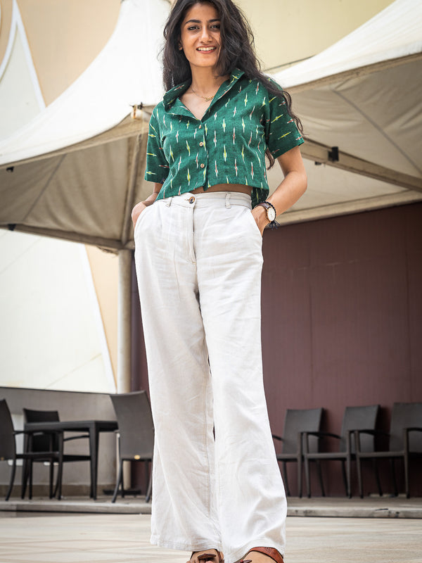 Bottle Green Handwoven Ikat Women Slim Fit Crop Shirt