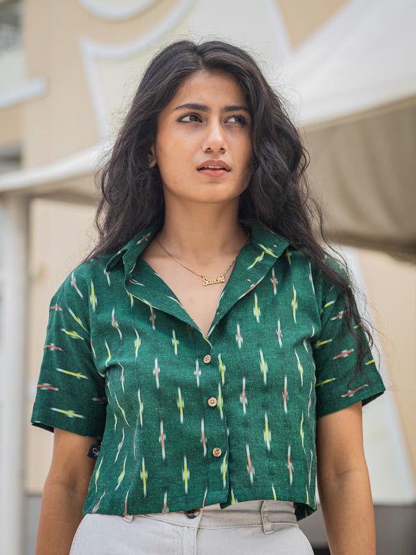 Bottle Green Handwoven Ikat Women Slim Fit Crop Shirt