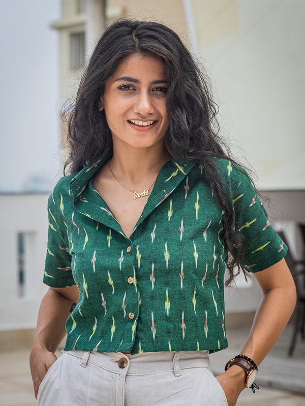 Bottle Green Handwoven Ikat Women Slim Fit Crop Shirt