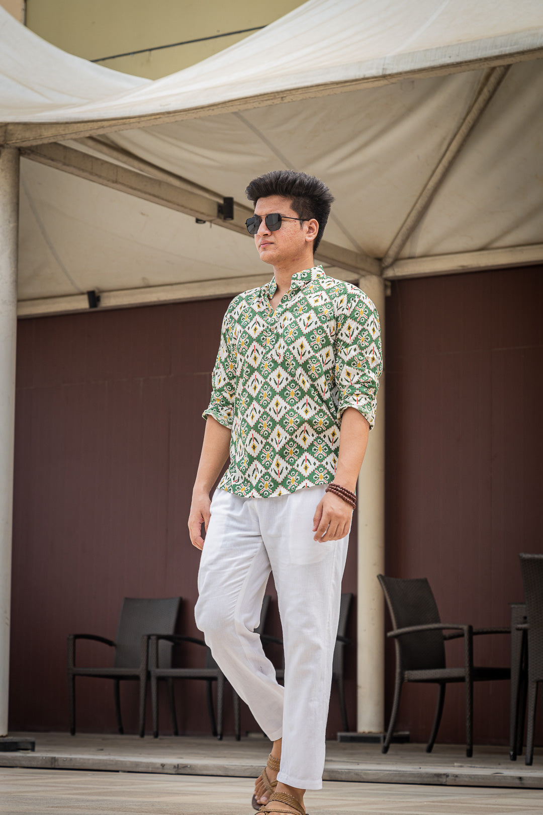 White & Green Ethinc Motifs Handblock Printed Short Kurta