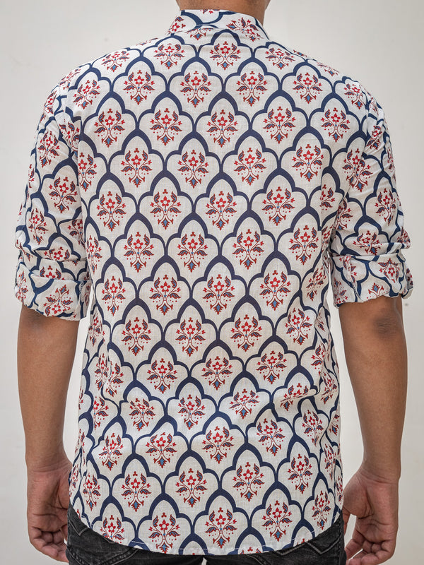White & Blue Ethinc Motifs Handblock Printed Short Kurta