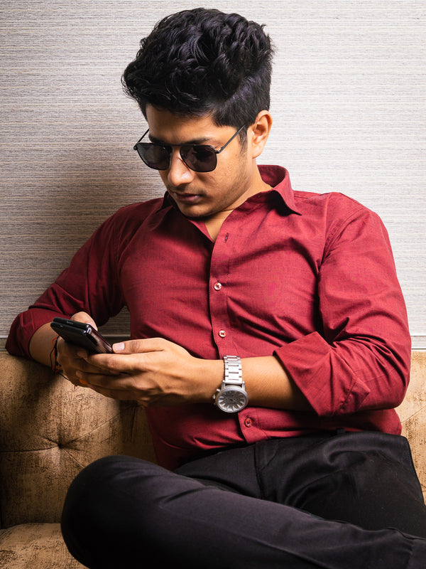 Opulent Maroon Slim Fit Yarn Dyed Cotton Shirt