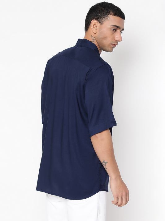 Navy Blue Rayon Oversized Cuban Collar Unisex Shirt