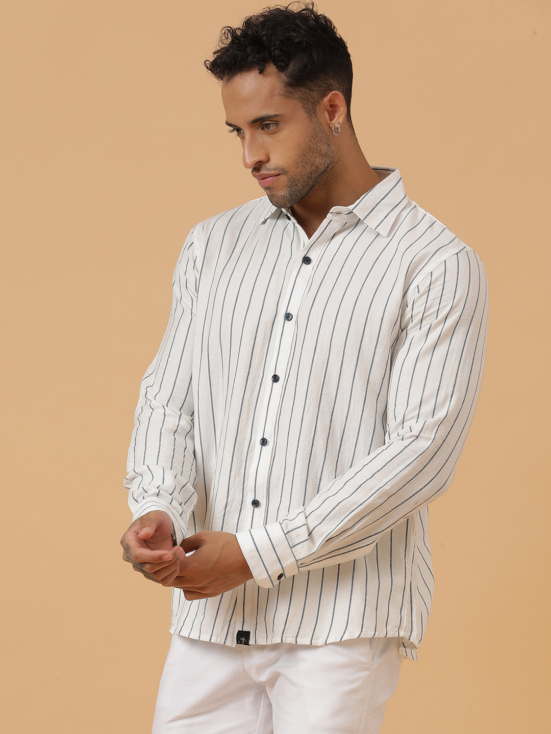 White and Blue Striped Cotton Flannel Party Wear Shirt