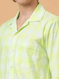 Yellow & White Linen Checks Regular Fit Party Wear Shirt