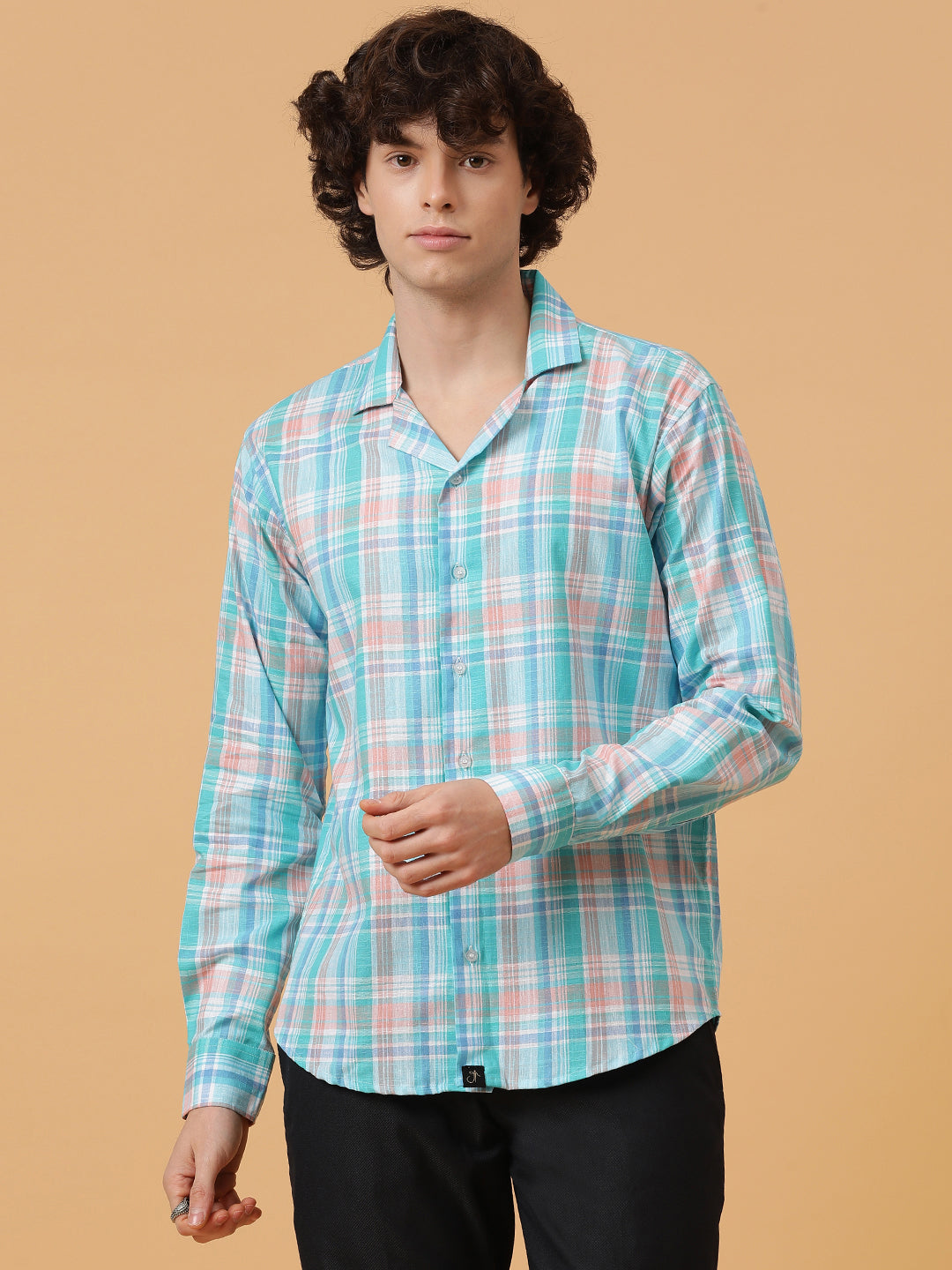 Blue, Pink & White Linen Checks Regular Fit Party Wear Shirt
