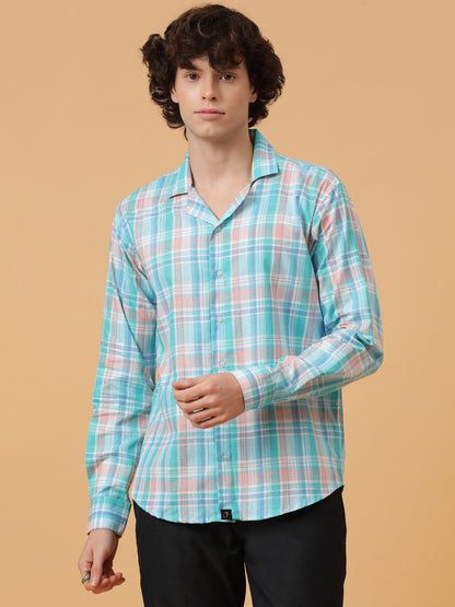 Blue, Pink & White Linen Checks Regular Fit Party Wear Shirt