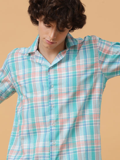 Blue, Pink & White Linen Checks Regular Fit Party Wear Shirt