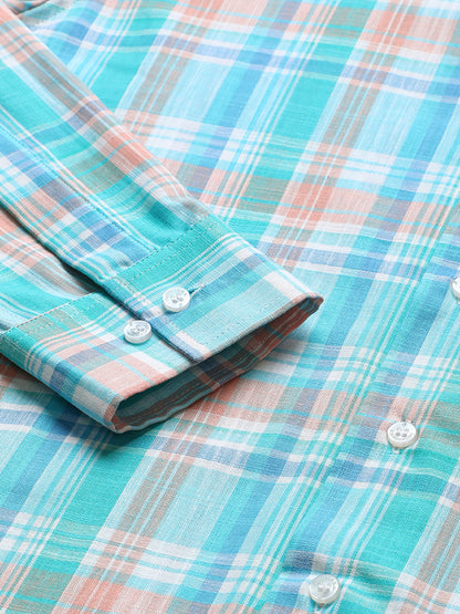 Blue, Pink & White Linen Checks Regular Fit Party Wear Shirt