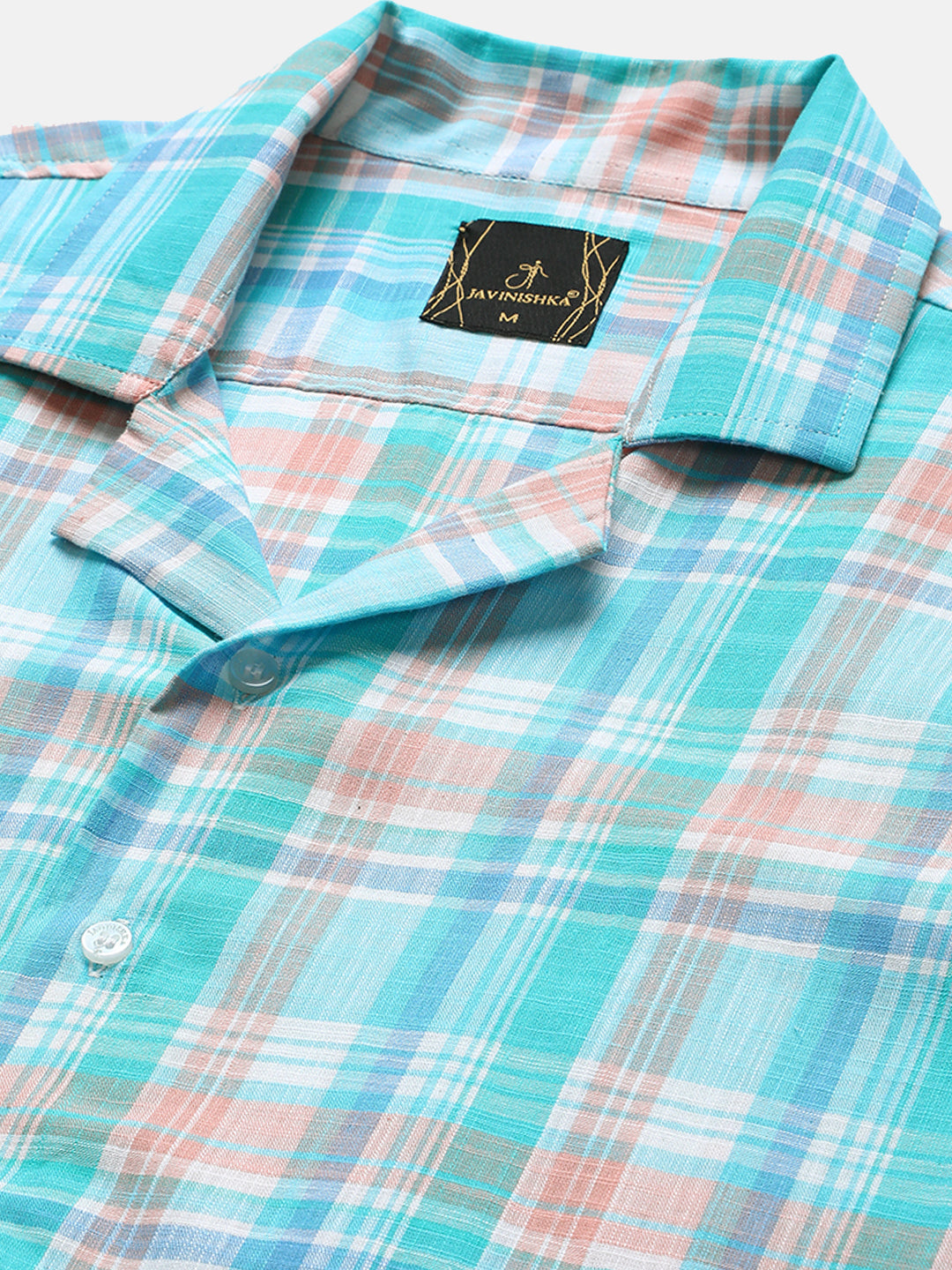 Blue, Pink & White Linen Checks Regular Fit Party Wear Shirt