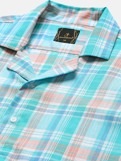 Blue, Pink & White Linen Checks Regular Fit Party Wear Shirt