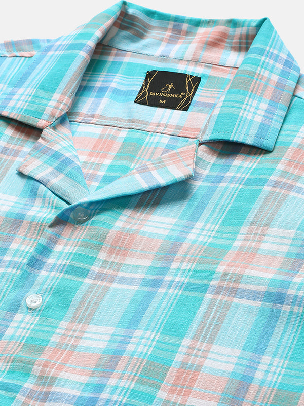 Blue, Pink & White Linen Checks Regular Fit Party Wear Shirt