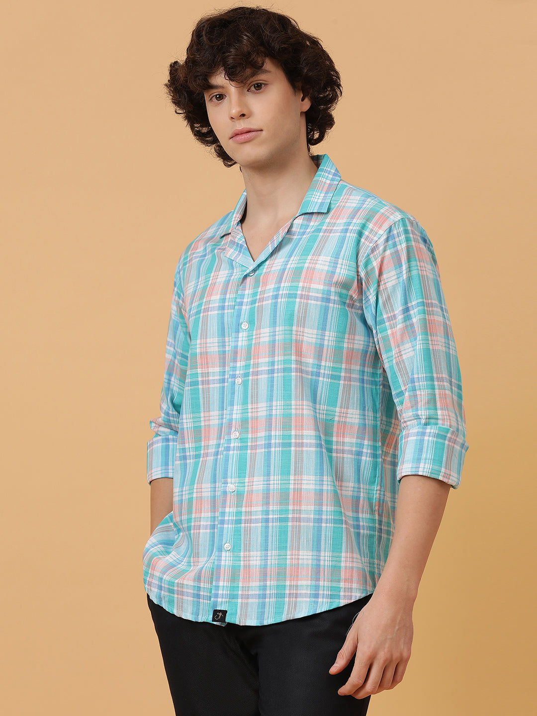 Blue, Pink & White Linen Checks Regular Fit Party Wear Shirt