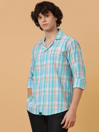 Blue, Pink & White Linen Checks Regular Fit Party Wear Shirt