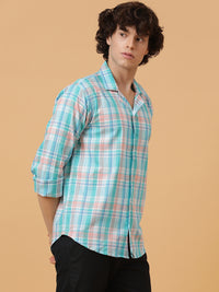 Blue, Pink & White Linen Checks Regular Fit Party Wear Shirt