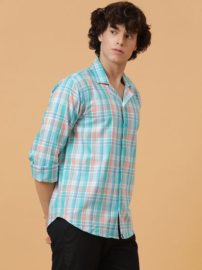 Blue, Pink & White Linen Checks Regular Fit Party Wear Shirt
