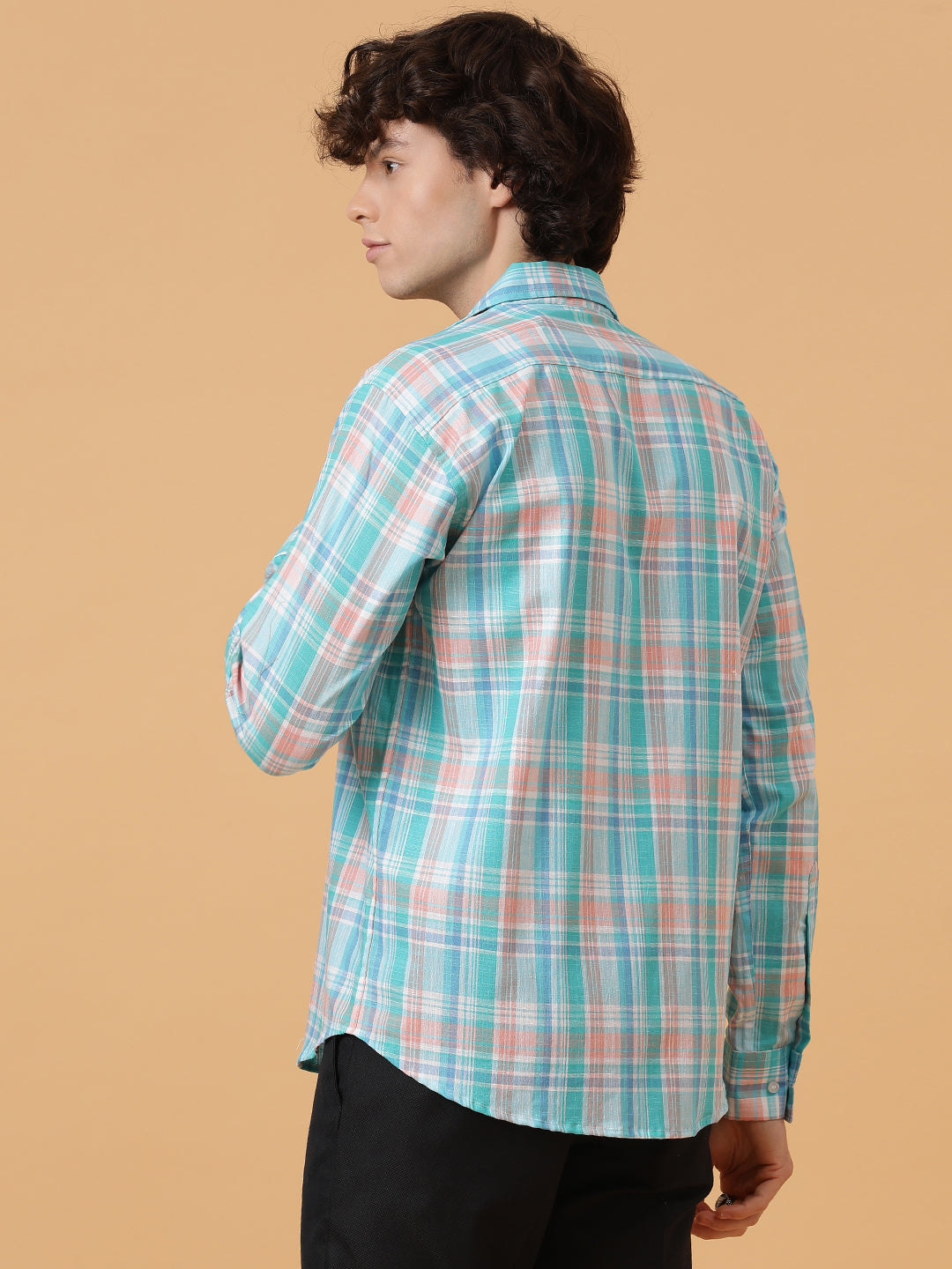 Blue, Pink & White Linen Checks Regular Fit Party Wear Shirt
