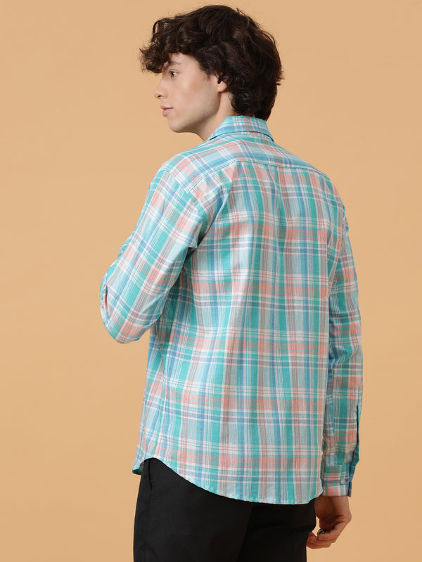 Blue, Pink & White Linen Checks Regular Fit Party Wear Shirt